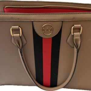 Chic Tan and Black Laptop Bag with Red Accent